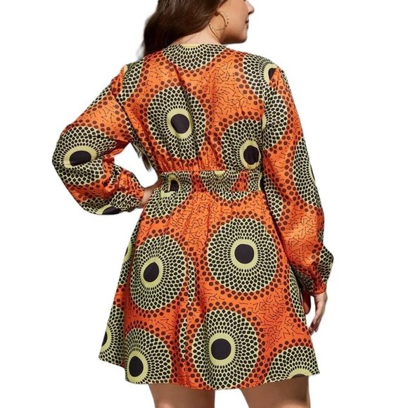 Curvesoul Orange Black Yellow Geometric V Neck Elastic Waist Dress Size 5X NWT - Picture 3 of 14